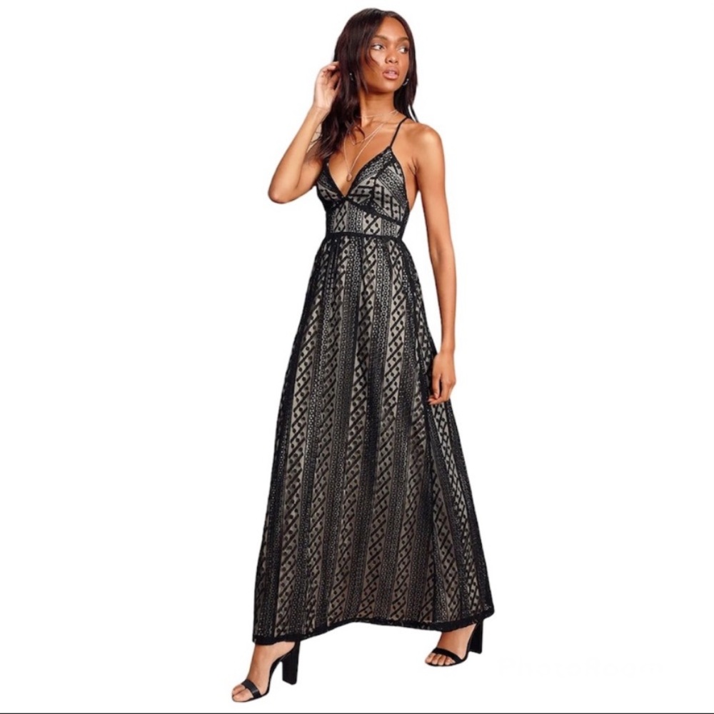 Lulu's Black Lace Maxi Dress with Nude Lining